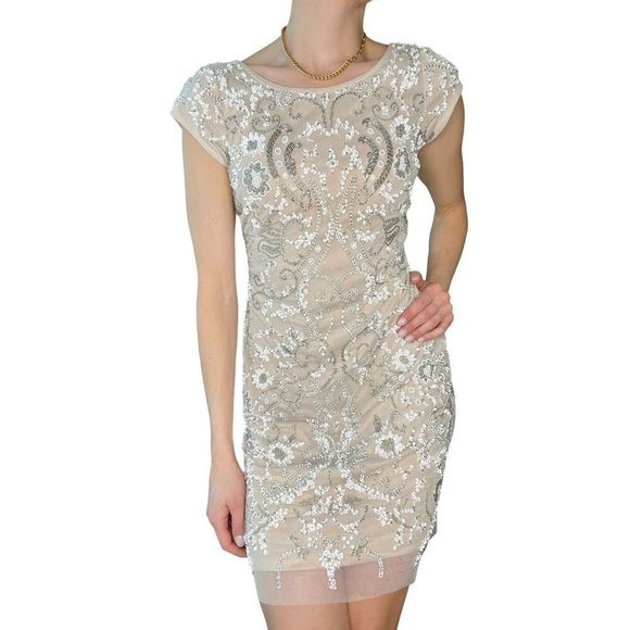 Aidan Mattox Short Sleeve Fully Beaded Cocktail Dress 4 - Picture 1 of 11